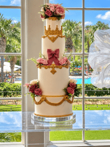 Pastelismo tropical de pastel nupcial dorado (1)